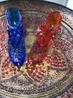 2-Fenton Glass Slippers-Cat Head Hobnail Heeled Cobalt & Red Daisy Slipper   SB