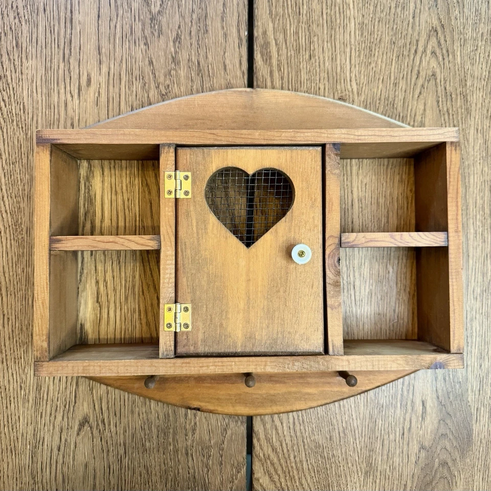 Vintage Handmade Wooden Wall Shelf with Heart Door & Pegs Rustic Country Decor - Image 2 of 4