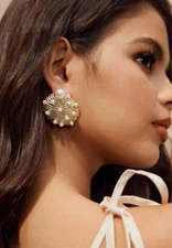 Gold Pearl Clam Shell Earrings Stud Vacation Beach Statement Big Seashell