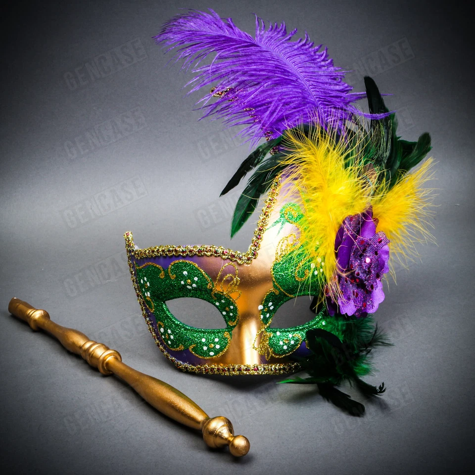 Venetian Elegance Side Feather Masquerade Stick HandHeld Mask Mardi Gras Green - Image 2 of 4