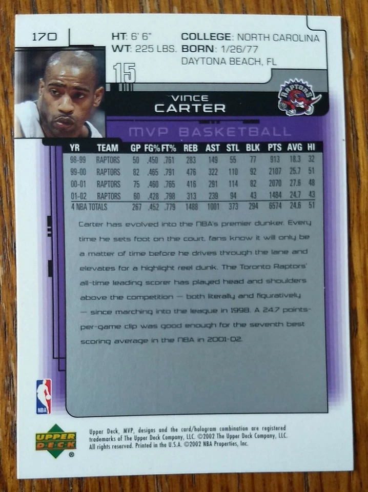 VINCE CARTER, 2002-03 UPPER DECK MVP #170,  RAPTORS - Image 2 of 2