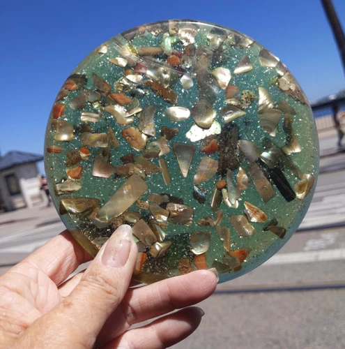 Vintage Retro Abalone Shell Art Lucite Acrylic Resin Trivet Mid Century