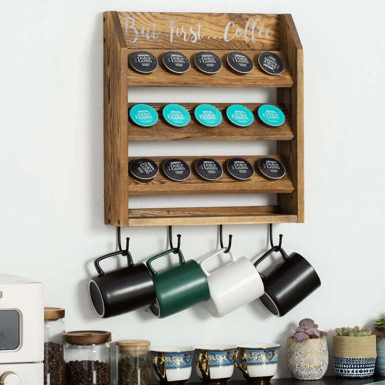 Wall Mounted Coffee Bar Organizer, Burnt Wood Coffee Pods Holder with Mug  Hooks