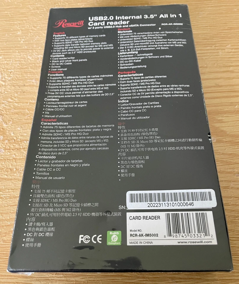 Rosewill RCR-AK-IM5002 USB2.0 -75in1- Card Reader w/3x USB2.0 ports & eSATA New - Image 2 of 3