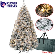 7.5ft Snow Flocked Christmas Tree Pre-Lit White Artificial Fake Hinged LED Light