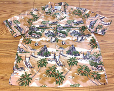 RJC VTG Hawaiian Camp Shirt Abstract Village Print Brown Green Cotton Size