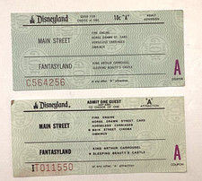 2 Unused Disneyland &ldquo;A&rdquo; Tickets from Adult Ticket Books  1960&rsquo;s-1980&rsquo;s