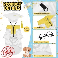 5 Pcs Dog Graduation Costume XL Gown Cap Glasses White Gold