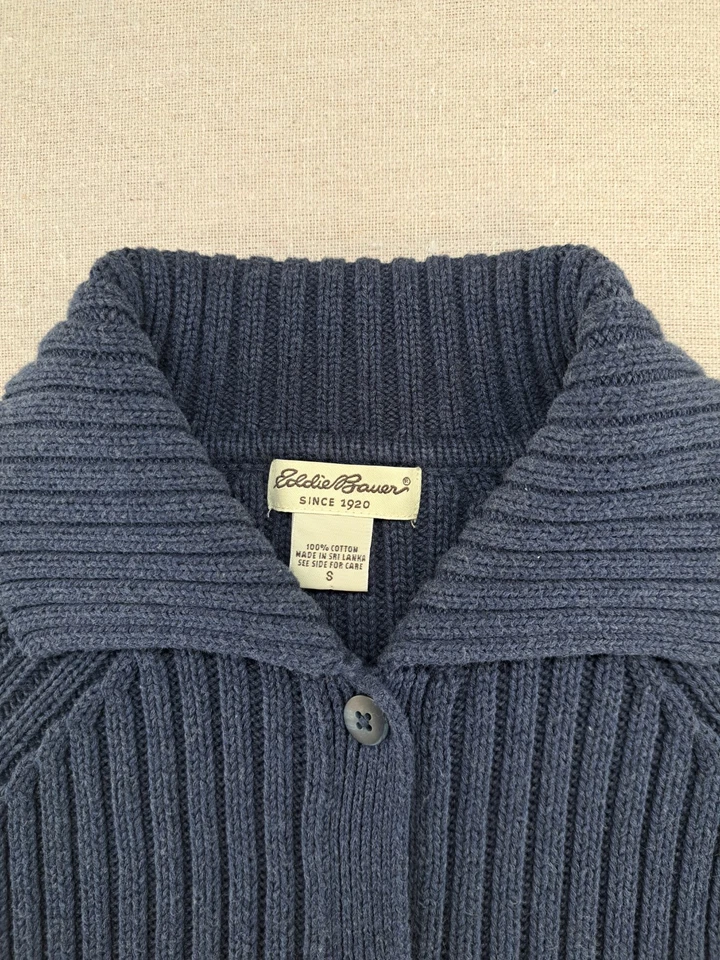 Cárdigan Suéter Eddie Bauer Para Mujer Pequeño Azul Acanalado Cable Tejido Plumero Largo Foto 2 de 4