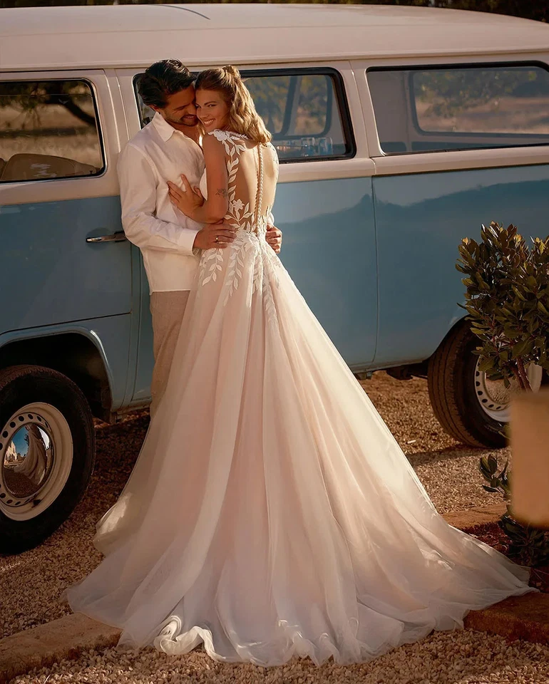 Vestidos de novia boho línea A cuello en V sin mangas encaje flores playa vestidos de novia Foto 2 de 4