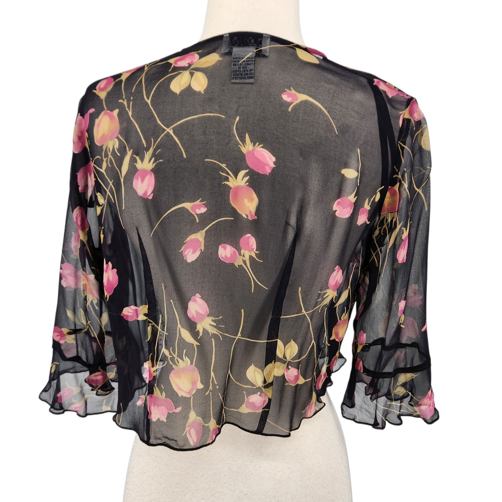 Robbie Bee 90s Silk Dress Set – Black Floral Sheath Dress Matching Sheer Jacket