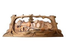 Handgeschnitztes Holzrelief  Pferdefuhrwerk im Wald  82 cm  rustikale Wanddeko