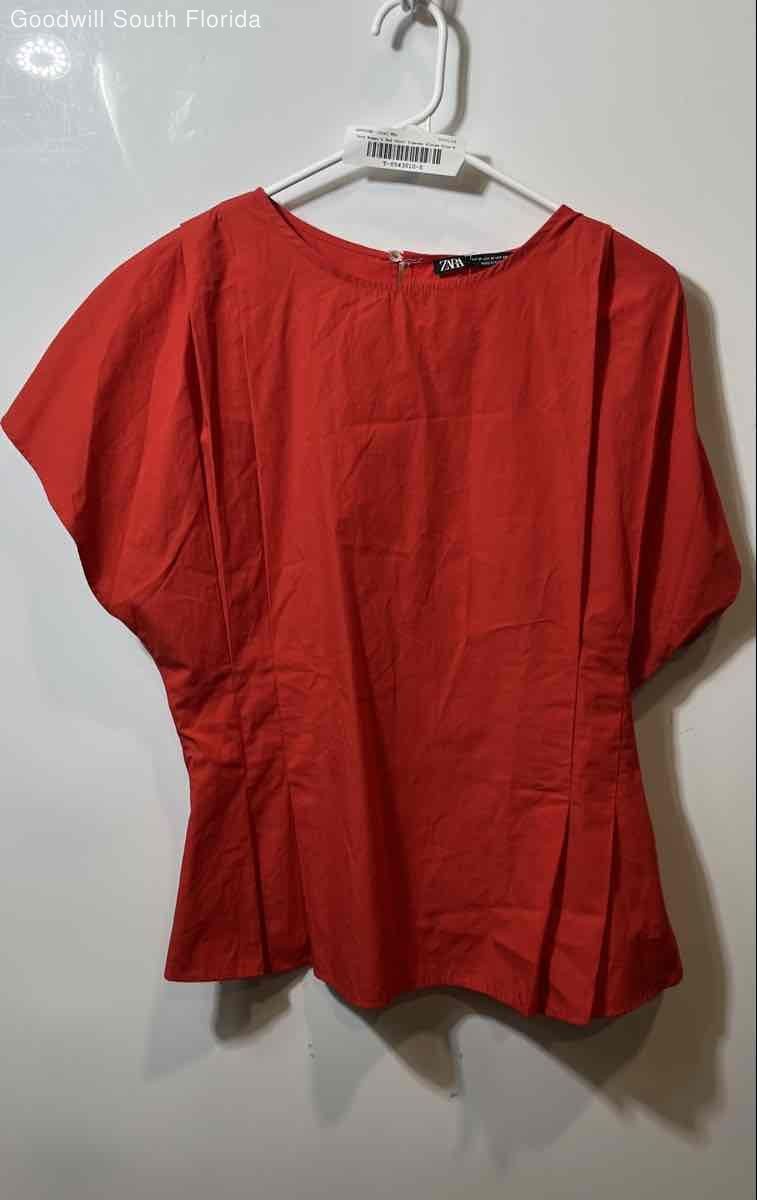 Zara Womens Red Cotton Round Neck Short Sleeve Pullover Blouse Top Size Medium