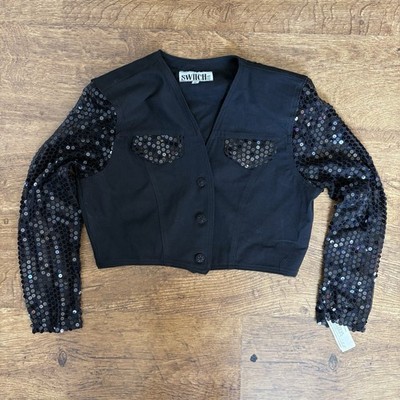 Vintage  80s black sequin embellished cropped bolero jacket. Brand Switch Size M