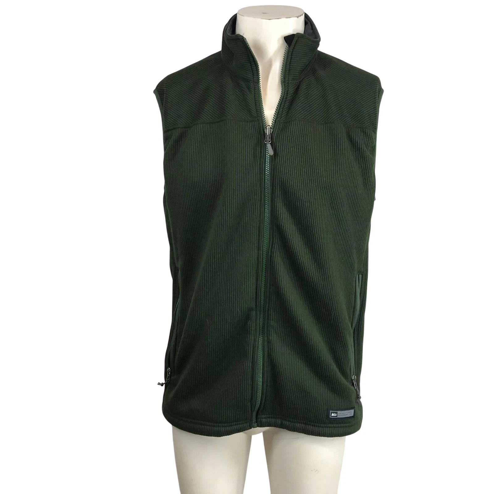 REI Mens Full Zip Ribbed Fleece Vest Forest Green Size L Zip In Compatible