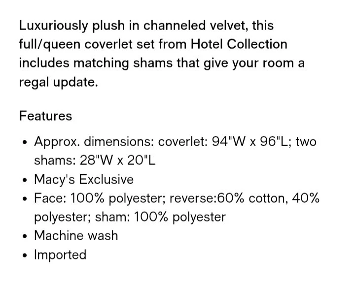 Hotel Collection "Channeled Velvet" 5 Pc QUEEN Coverlet Set, W/ Euro Shams, NWT - Image 4 of 4