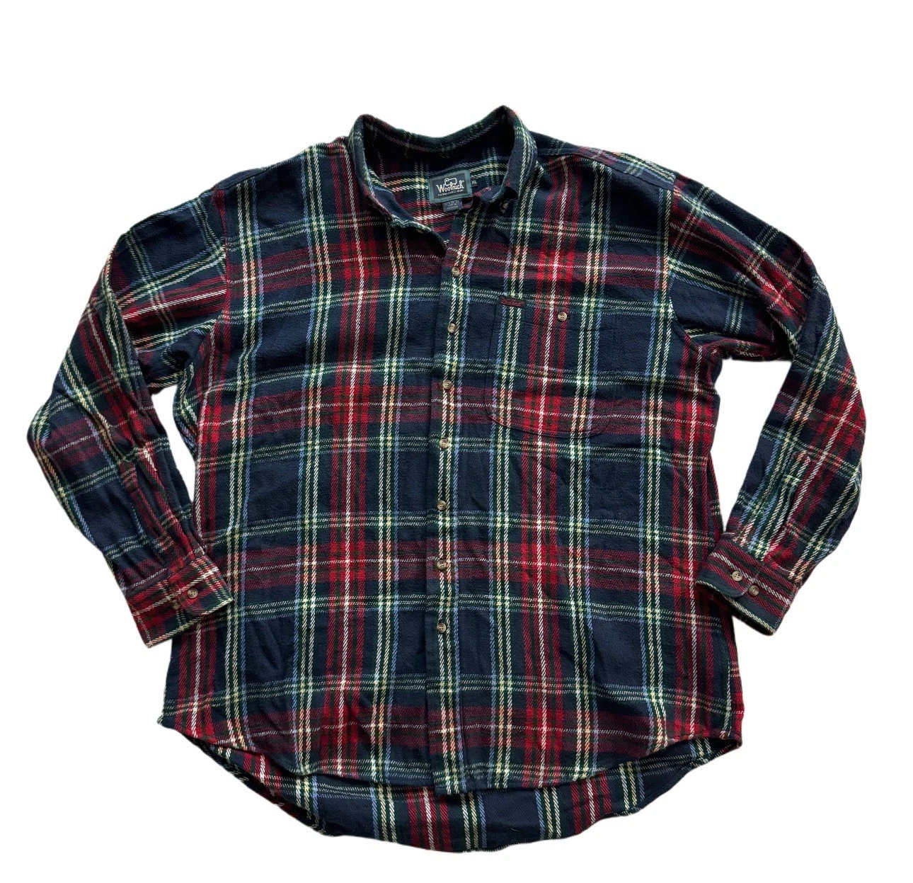 Woolrich Flannel Shirt XL Men Tartan Plaid Red Navy Cotton Button Up USA Look