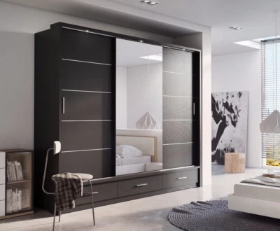 Brand New Modern Bedroom Sliding Door Wardrobe ARTI 1 250cm in Matt Black Mirror
