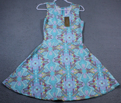 NEW Francescas Alya Dress Womens Small Blue Pattern Sleeveless Flare Stretch