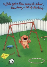 Designer Greetings Brown Bear Sitting on Swing  Away at School  Miss You Card