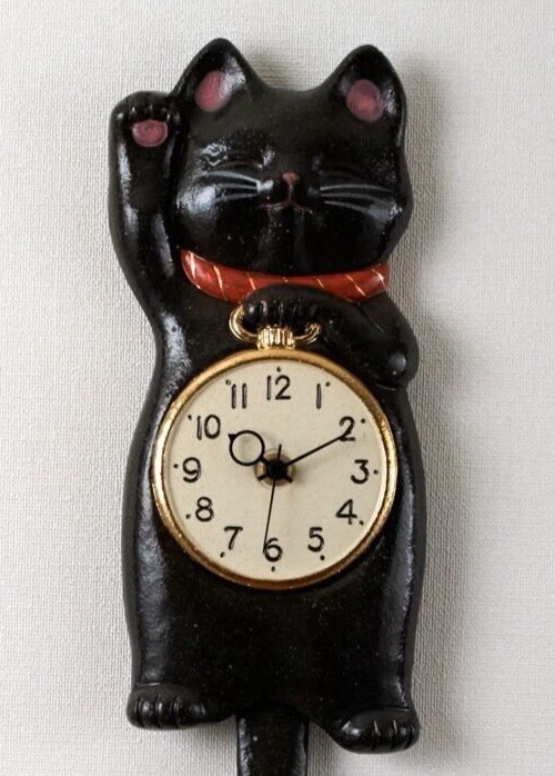 Japanese Black Lucky Cat Manekineko Wall Pendulum Clock Pottery Seto ware Gift - Image 3 of 4