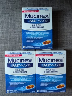Mucinex Max Strength Fast Max Cold, Flu, and Sore Throat 16 Liquid Gels -3 Pack