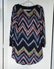 Blu Sage Multicolor Chevron Knit Shift Dress Round Neck Long Sleeve Knee, 10