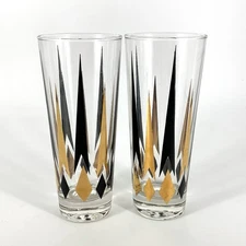 MCM 2 Golden Peaks Tumblers Highball Ice Tea 14 oz Gold Black 6 3/4”