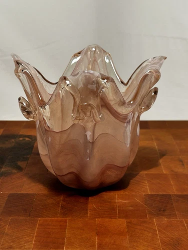 Vintage Italian Murano Pink Swirl Tulip Hand Blown Art Glass Bowl/Vase 4 1/2” -T