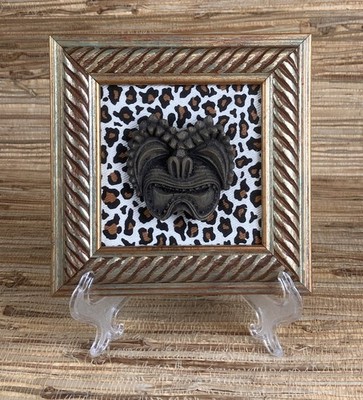 Tiki Art Framed Tiki Head Tile with Leopard Background Dark Wood 6'' x 6'' Frame