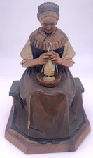 ANRI Kaslatter Wood Carving Woman Sitting Knitting 7.25" Vtg Signed Figurine