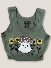 Thorn & Fable Hot Topic Fantasma Champiñón Suéter Chaleco Verde Camiseta sin Mangas Recortada Pequeña