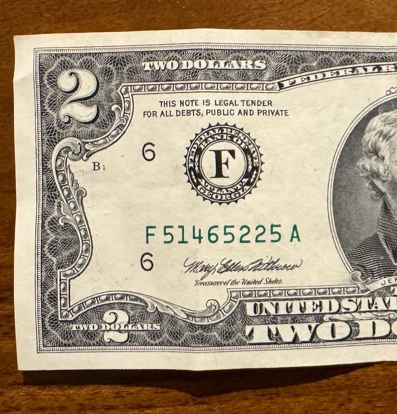 2 Dollar Bill Series F 1995 A 6 Federal Reserve of Atlanta Georgia - Image 3 of 4