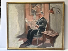 Antique Art Deco Painting Portrait Man Men Reading Large Oil Mystery 1920’s