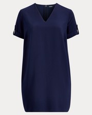 Ralph Lauren Navy Roll Tab Sleeve Shift Dress Size 14 NWT