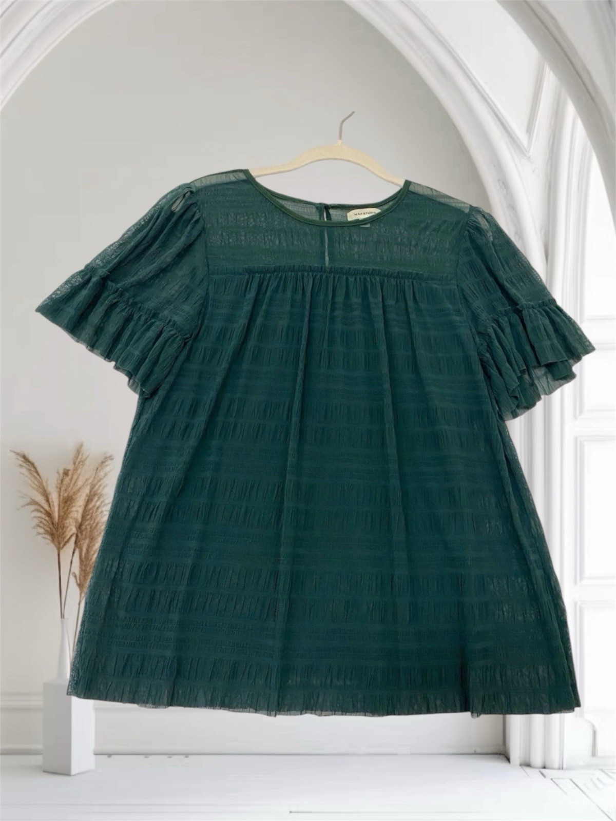 Max Studio Womens Green Lace Top Small Pleated Mesh Overlay Ruffle Sleeve $98