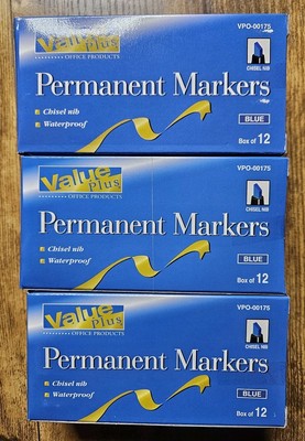Lot Of 3, 12-Packs Jumbo Permanent Markers Bulk Chisel Tip Blue 36 Total 