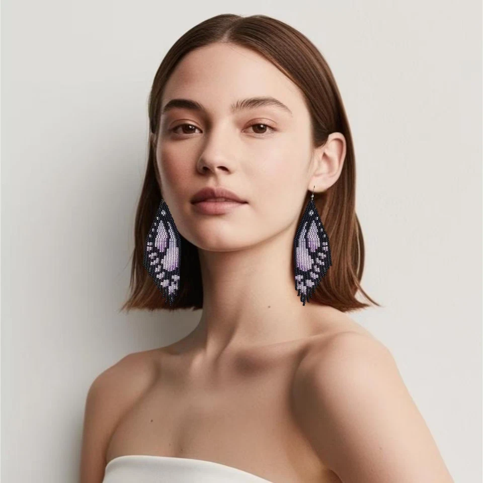 Purple Butterfly Beaded Fringe Earrings, Ombre Boho Dangle | Handmade Nature - Image 2 of 4