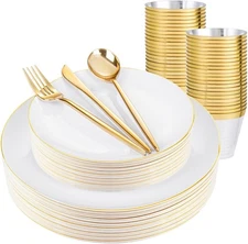 bUCLA 150PCS White and Gold Plastic Plates Disposable - 25 Guests Gold Dinnerwar
