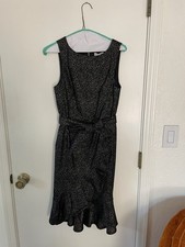 Calvin Klein Sheath Dress Sz 6 Womans Black Gold Metallic Ruffle Belt Sleeveless
