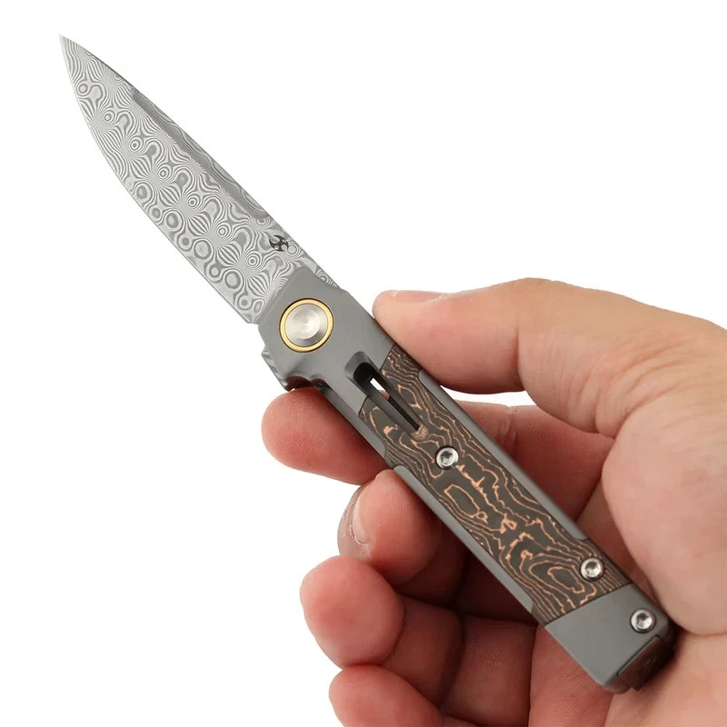 Kansept Kitpu Folding Knife 2.9" Damascus Blade Titanium/CF/Copper Foil Handle - Image 2 of 4
