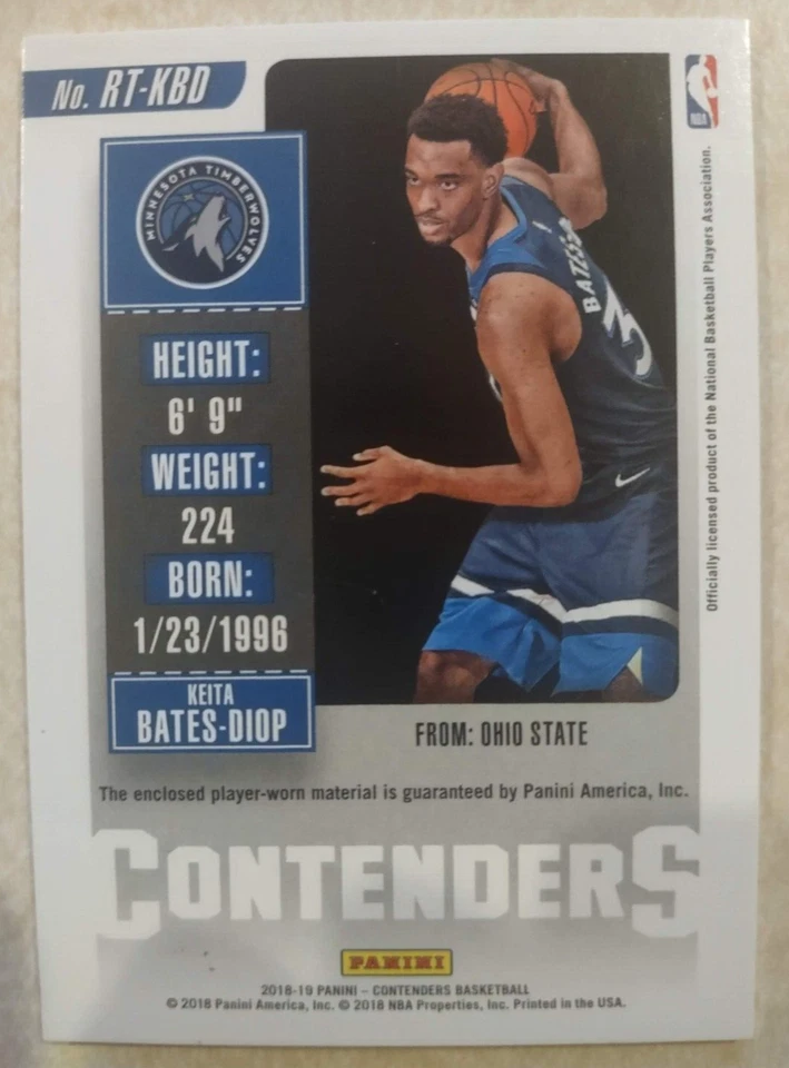 18-19 Panini Contenders KEITA BATES-DIOP Timberwolves ROOKIE BLUE JERSEY Swatch! - Image 2 of 2