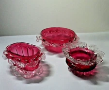 Set of 3 Antique Cranberry Art Glass English Open Salt Cellar Nut Bowls
