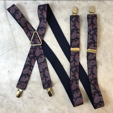 VTG Brace Suspenders NAVY BLUE RED Paisley Brass Adjustable Y-back