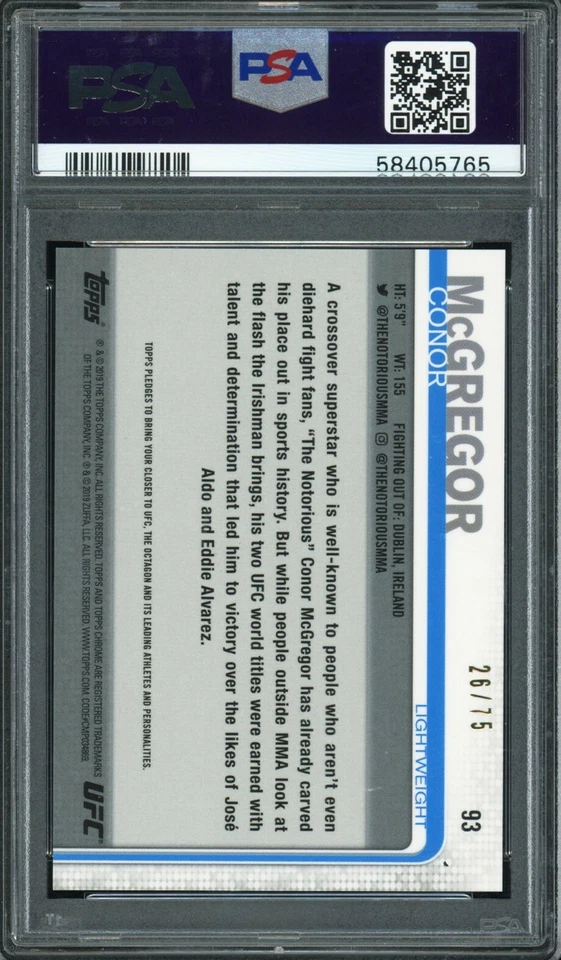 2019 TOPPS Chrome UFC CONOR McGREGOR Blue Wave Refractor #/75 PSA 9 #93 - Image 2 of 3