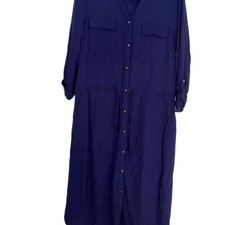 Justfab Women's Blue Midi Shirt Dress with Collar, Long Sleeve, Size L