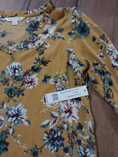Counterparts Women's Size Small Mustard Yellow Floral Long Sleeve Blouse 