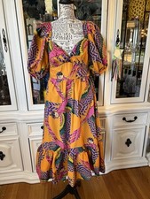 Farm Rio Beaded Macaws Orange Puffed Sleeves Dress M