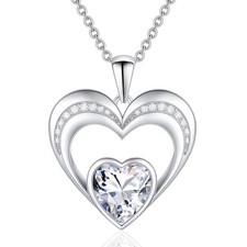 Women Necklace 14K White Gold Plated 5A CZ Double Heart Pendant Necklace