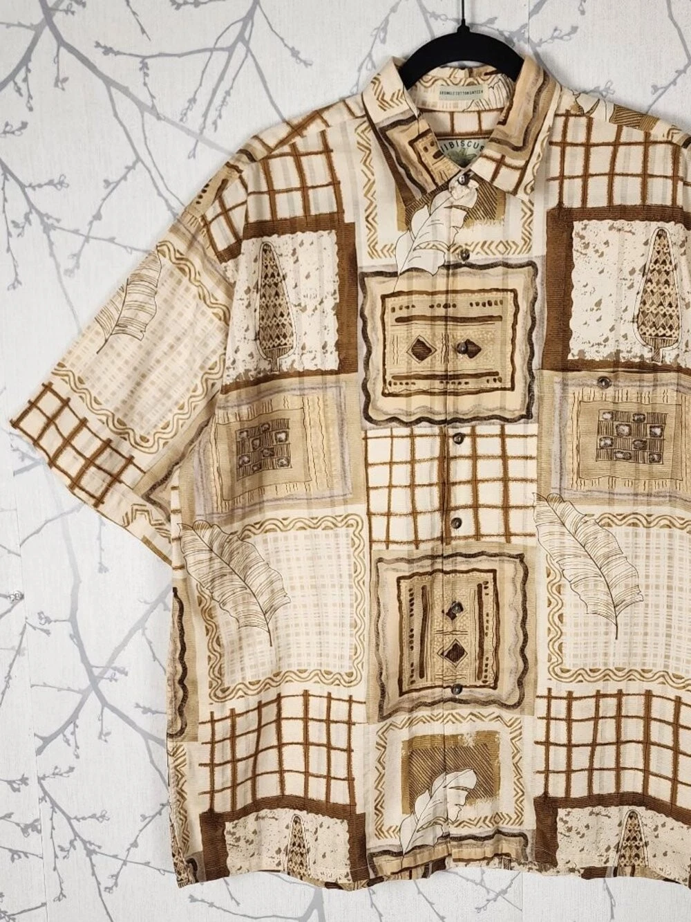 Hibiscus Hawaii Abstract Tribal Print Cotton Sateen Button Front Shirt | Men's L